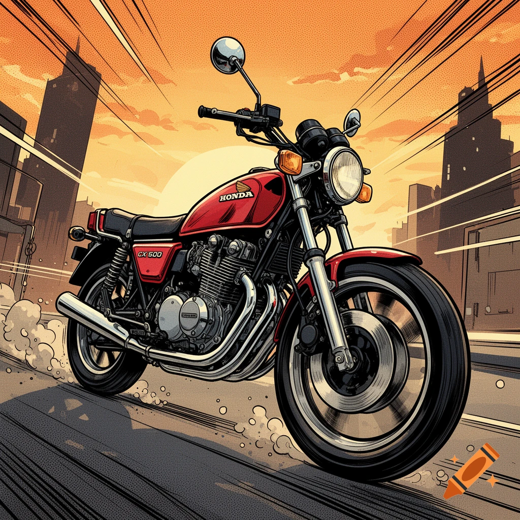 Comic style illustration of a red Honda CX 500 motorcycle riding through a city during sunset.