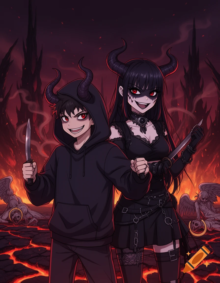Anime style illustration of a young boy and an older goth girl with horns and manic smiles, holding knives in a hellish landscape.