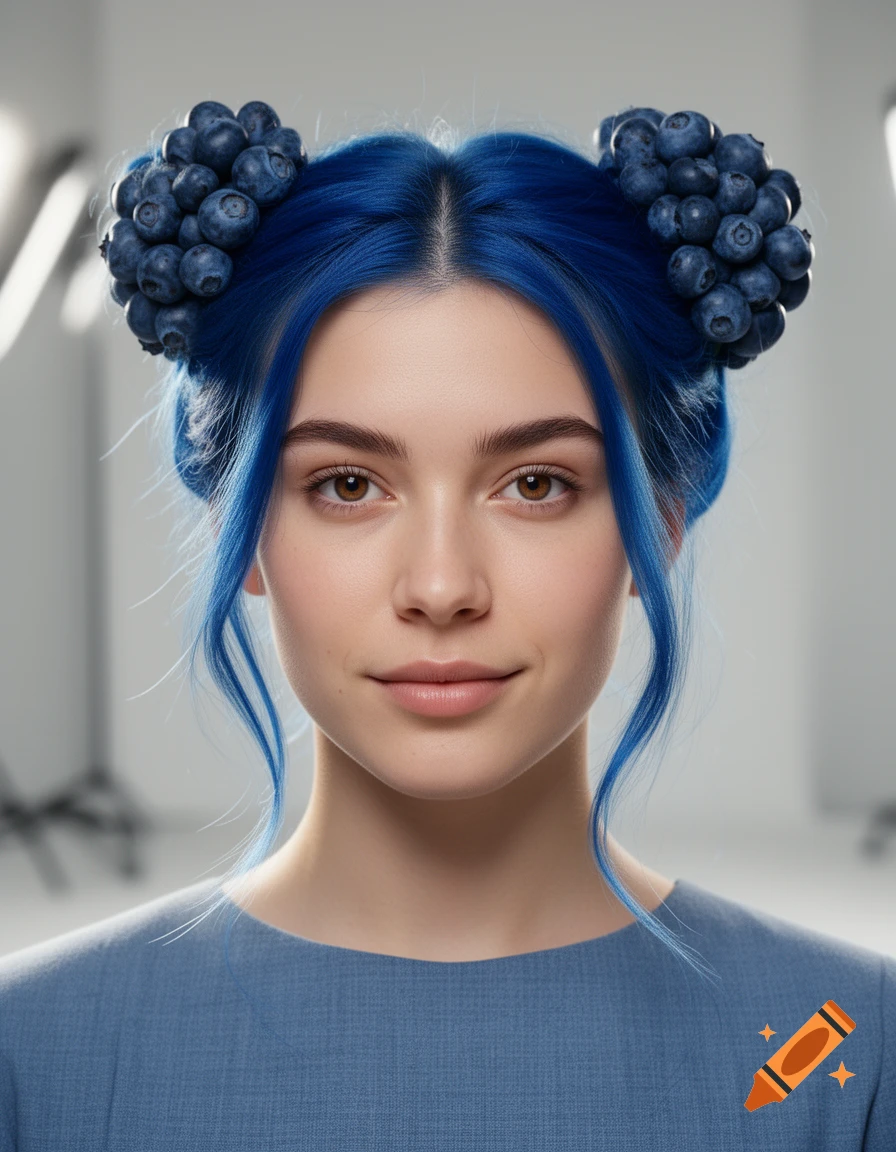 Photorealistic portrait of a woman with vibrant blue hair styled into buns made of blueberries.