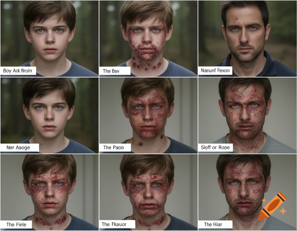A 3x3 grid of photorealistic portraits showing fictional male characters with progressive skin infections and injuries.