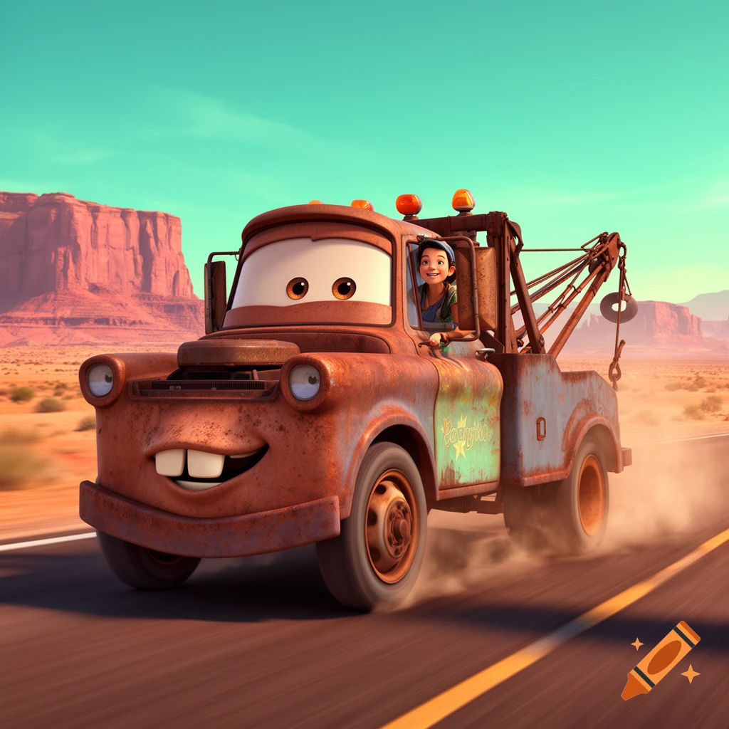 3D animated rusty tow truck driving fast on a desert highway with a person inside the cab, canyon background.