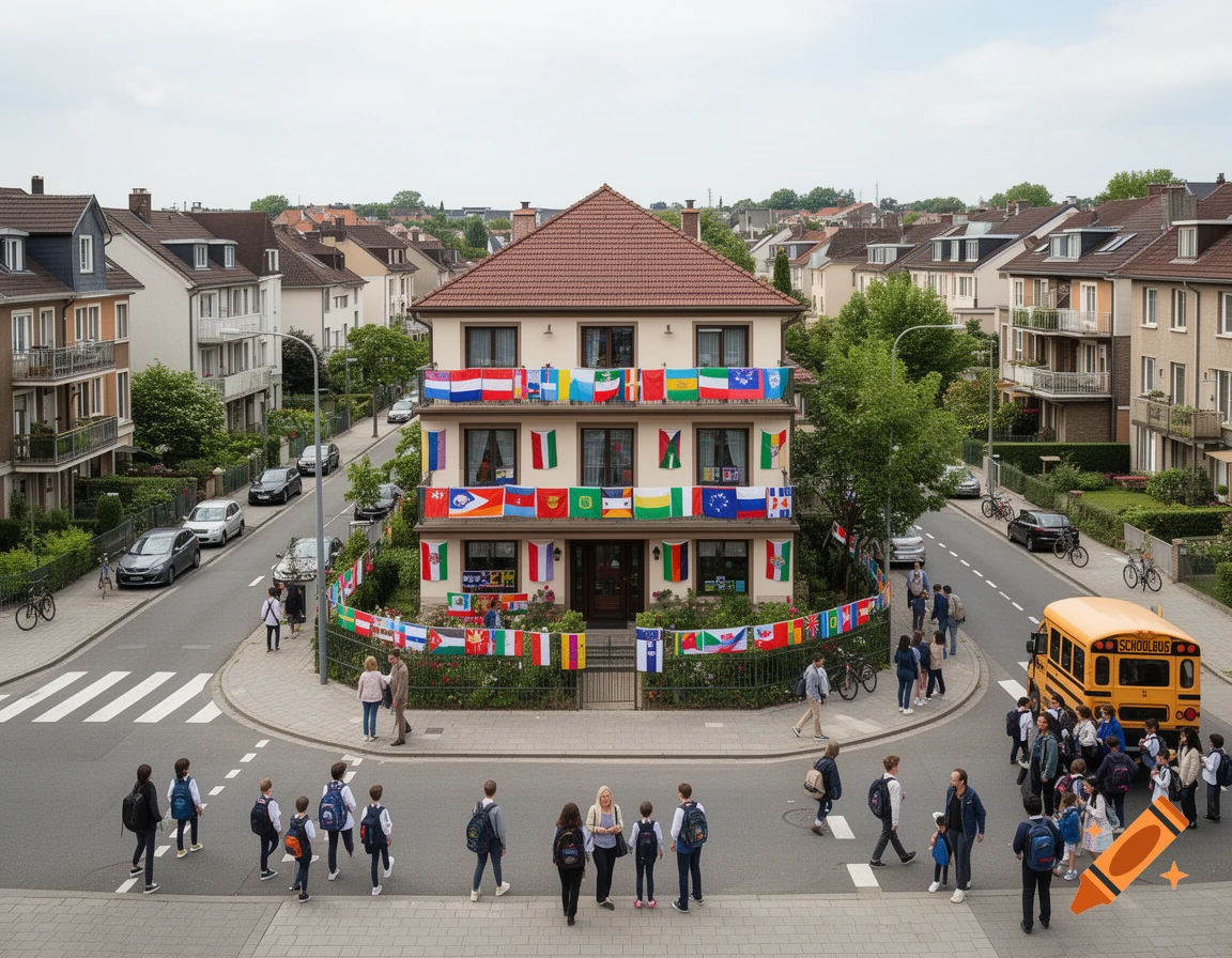 High-angle photorealistic view of a suburban street intersection with a three-story house decorated with many national flags and students walking.