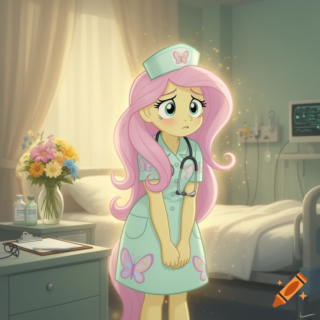 Digital illustration of Fluttershy from My Little Pony as a nervous nurse in a hospital room with flowers and a medical chart.