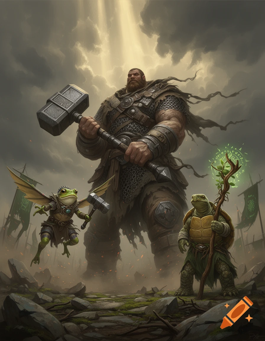 A towering giant warrior with a warhammer accompanied by a flying frog warrior and a turtle druid in a fantasy setting, digital art.