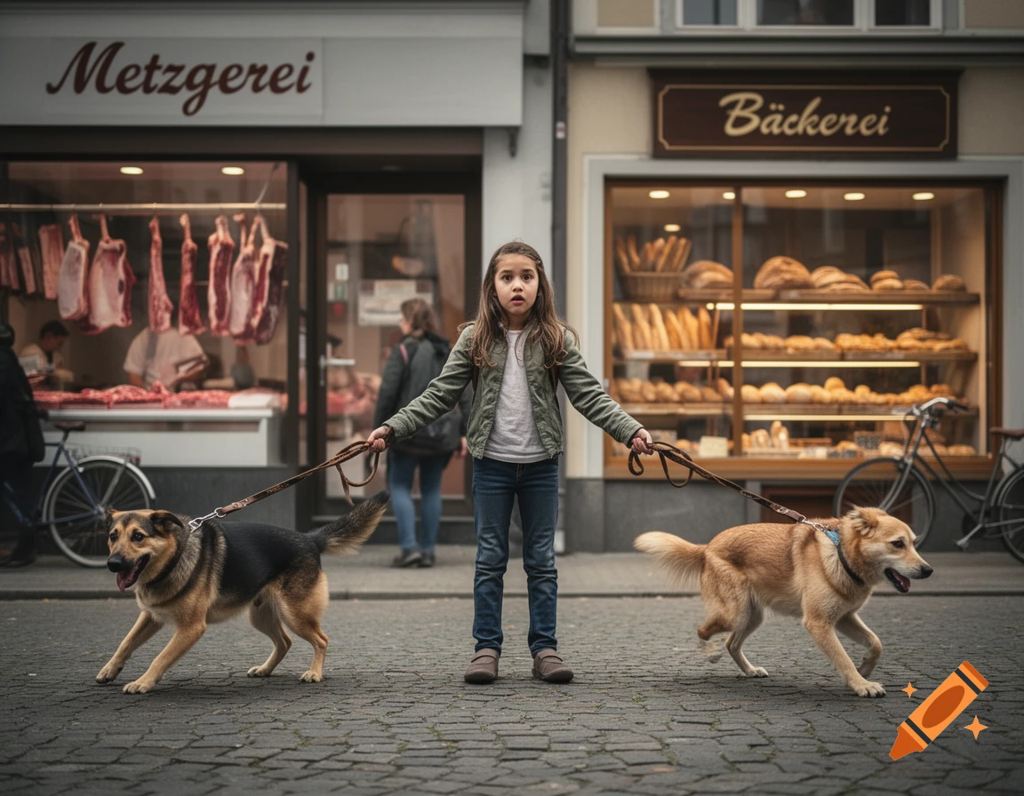 Photorealistic image of a young girl standing in a street between two dogs pulling in opposite directions toward a butcher and a bakery shop.