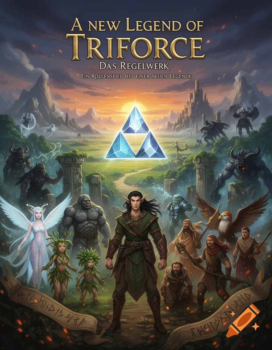 Fantasy book cover illustration featuring diverse characters, monsters, and a glowing triforce symbol in a mountainous landscape.