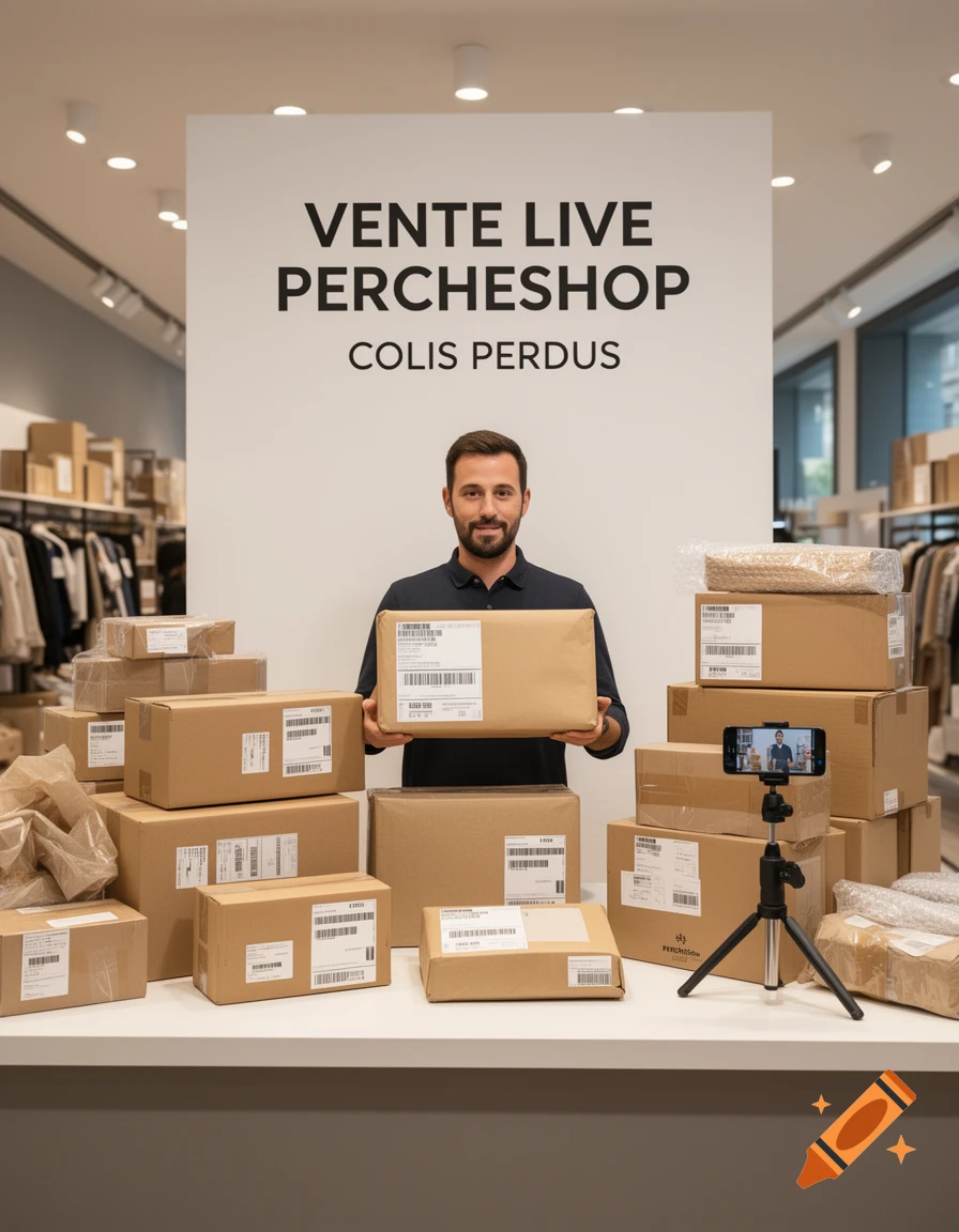 Man standing behind a table covered in packages and boxes, with a sign reading VENTE LIVE PERCHESHOP above him.