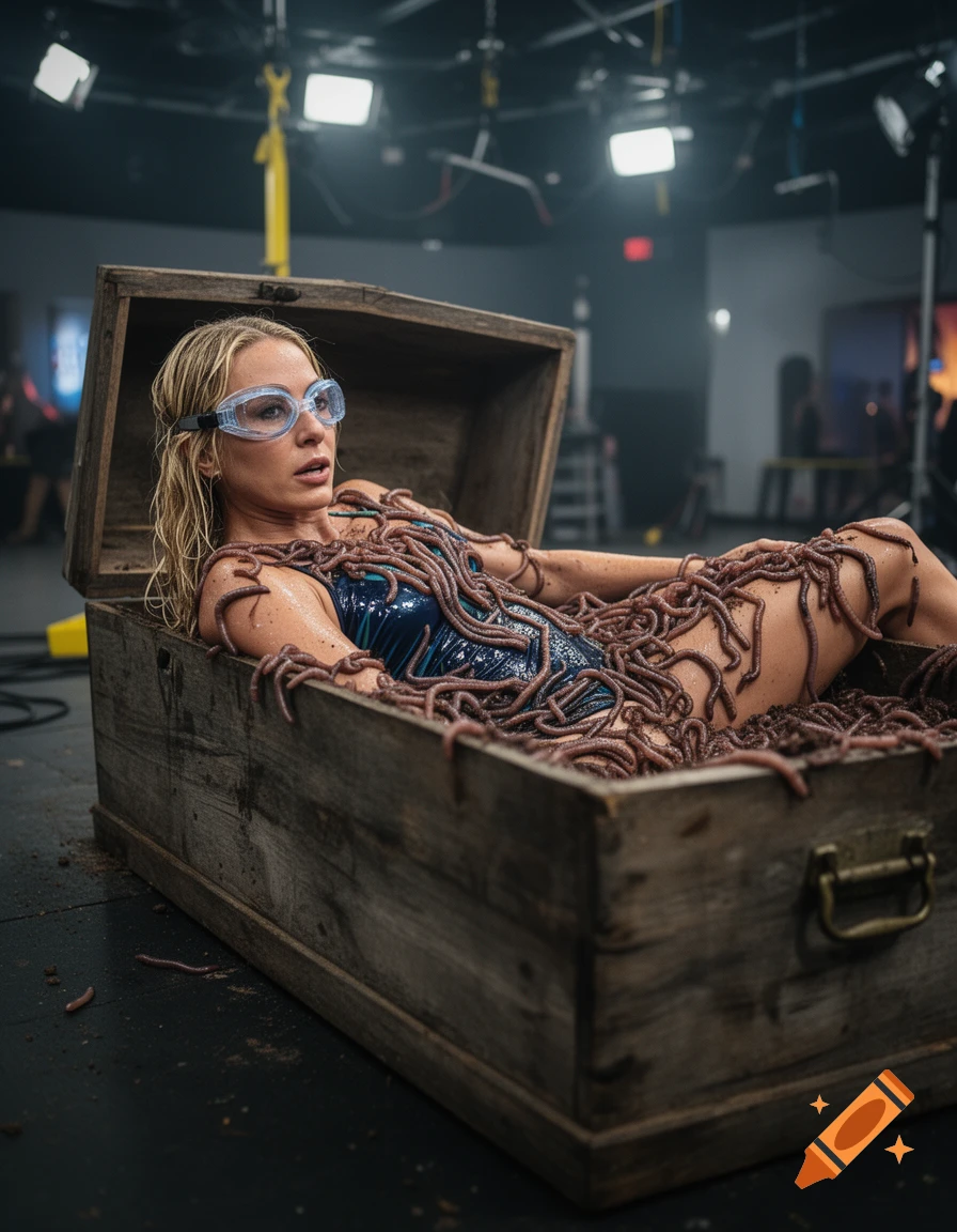 Photorealistic scene of a blonde woman wearing swim goggles in a wooden coffin filled with worms, set in a TV studio.