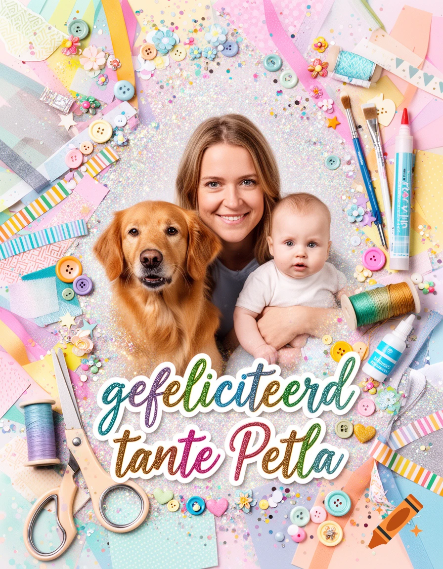 Photorealistic composite image of a smiling woman holding a baby and a golden retriever, surrounded by glitter and craft supplies with the text gefeliciteerd tante Petla