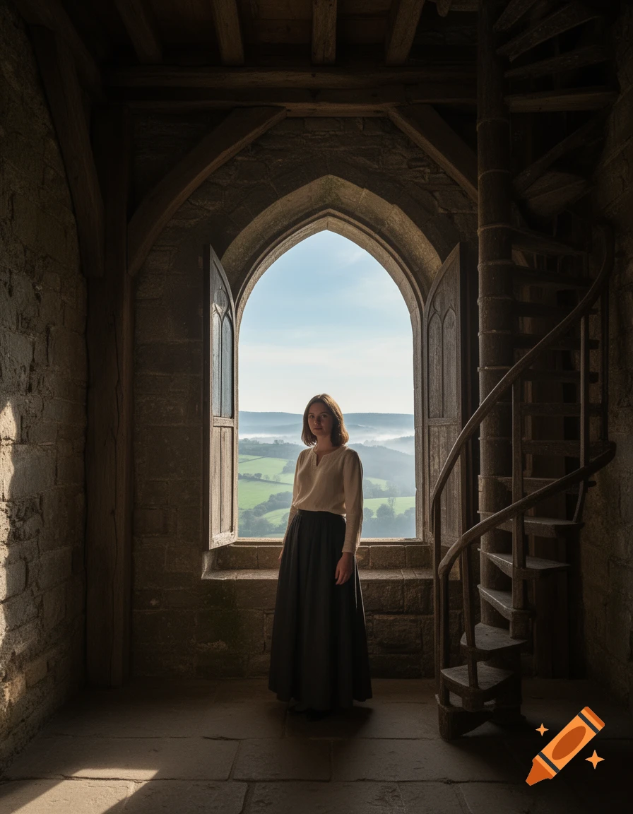 Photorealistic image of a young woman standing in a stone tower looking out an arched window at a rolling green landscape.