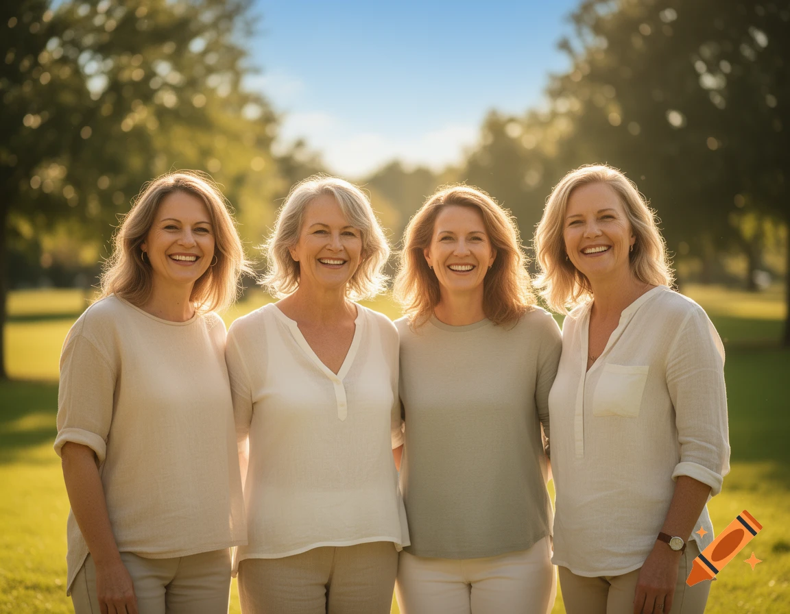 Four smiling middle-aged women standing outdoors in a park with sunlight filtering through the trees, photorealistic.