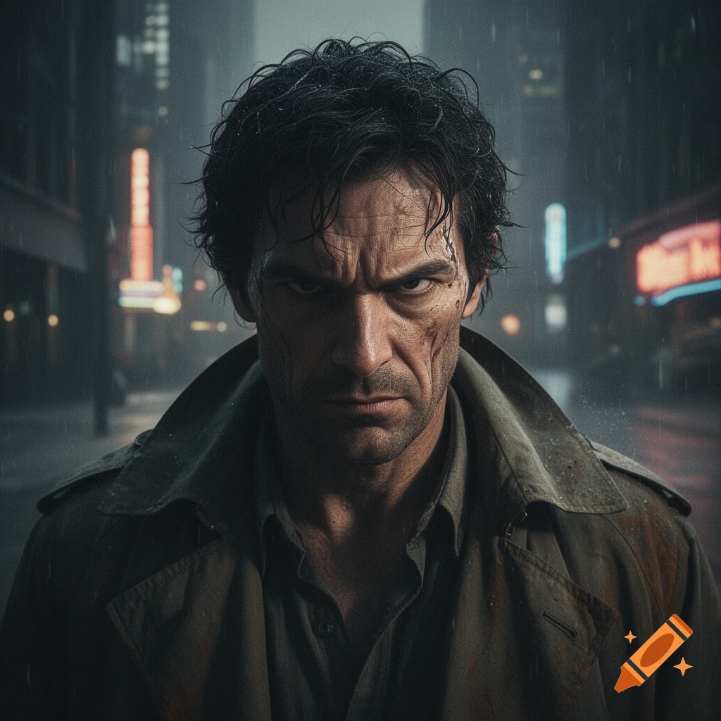 Cinematic dark photo of a gritty man with tousled hair and a trench coat standing in a rainy city street at night.