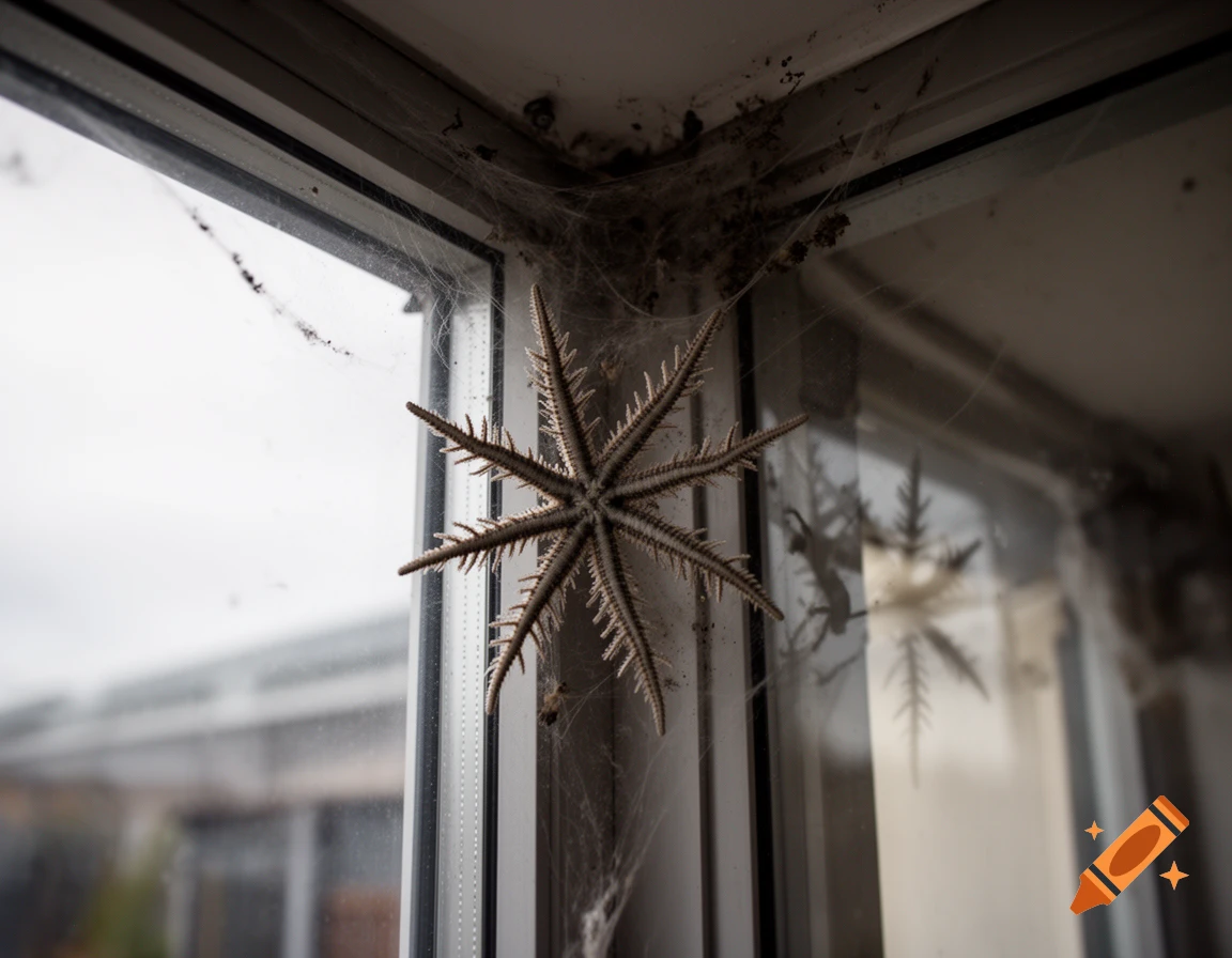 Close-up photorealistic shot of an ophiura resembling a snowflake in grey-brown tones, positioned on a window corner with cobwebs.