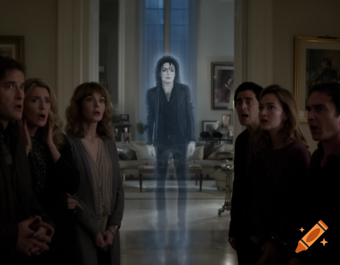 People in a living room looking shocked at the glowing translucent ghost of Michael Jackson.