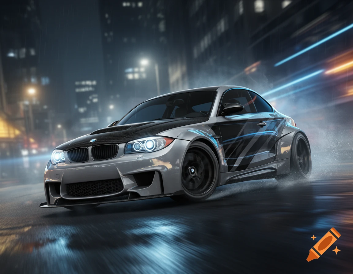 Photorealistic image of a modified grey BMW 1 Series coupe drifting on a wet city street at night with motion blur.