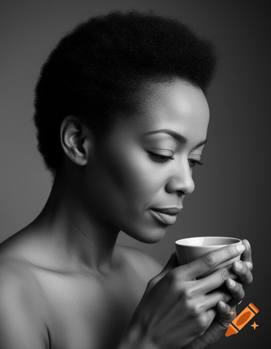 Black and white portrait of a woman with short hair holding a small cup in profile.