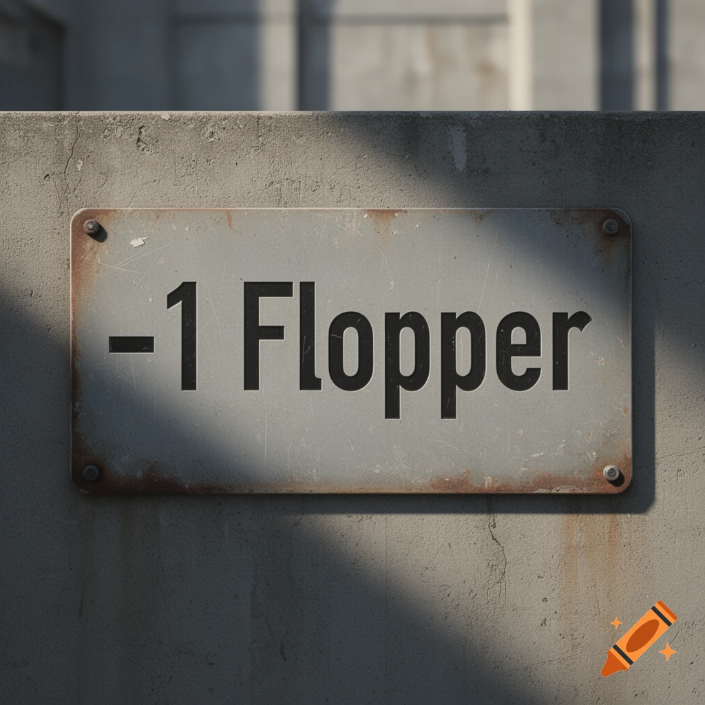 Photorealistic metal sign reading '-1 Flopper' mounted on a textured concrete wall.