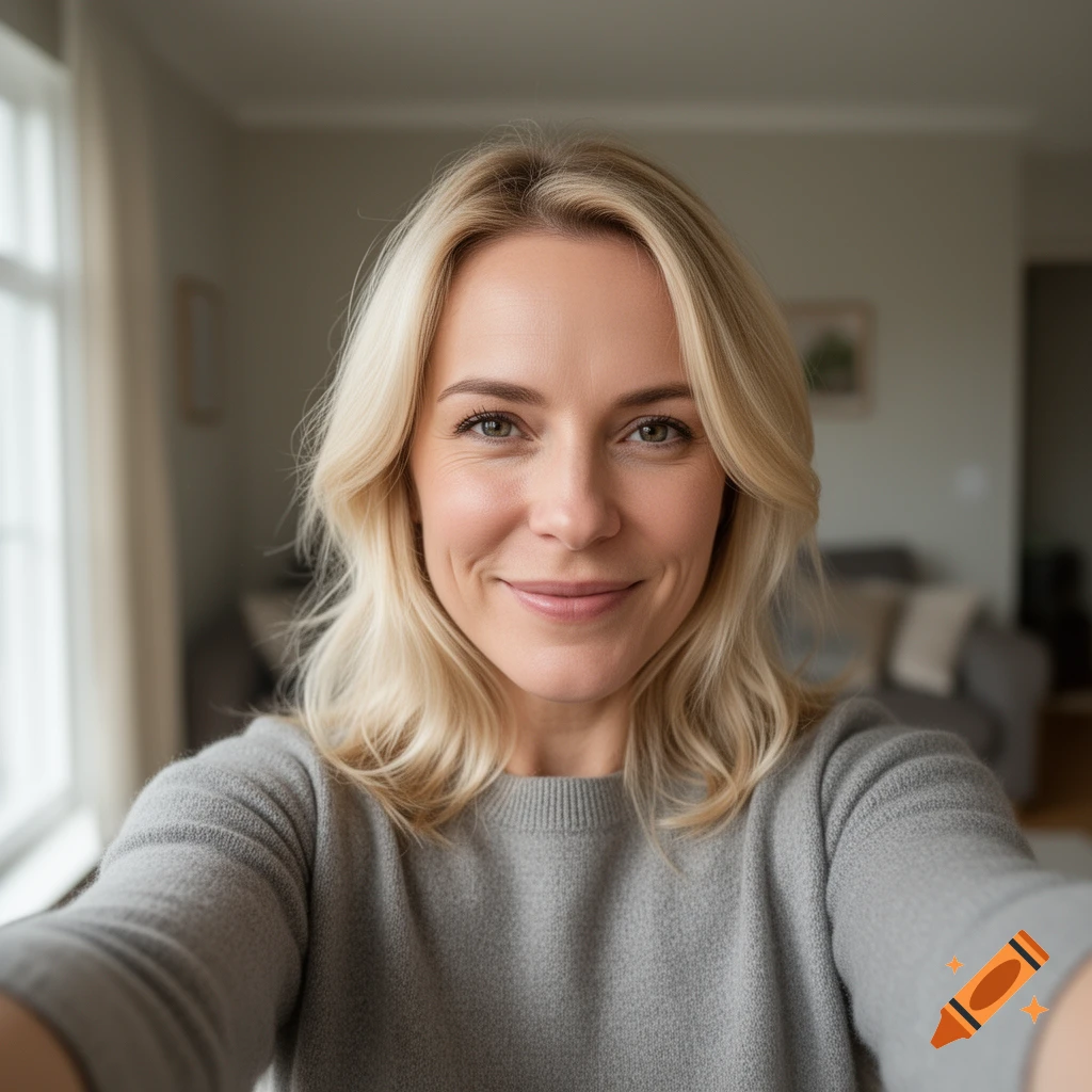 Photorealistic selfie of a smiling blonde woman with blue eyes wearing a grey sweater indoors.