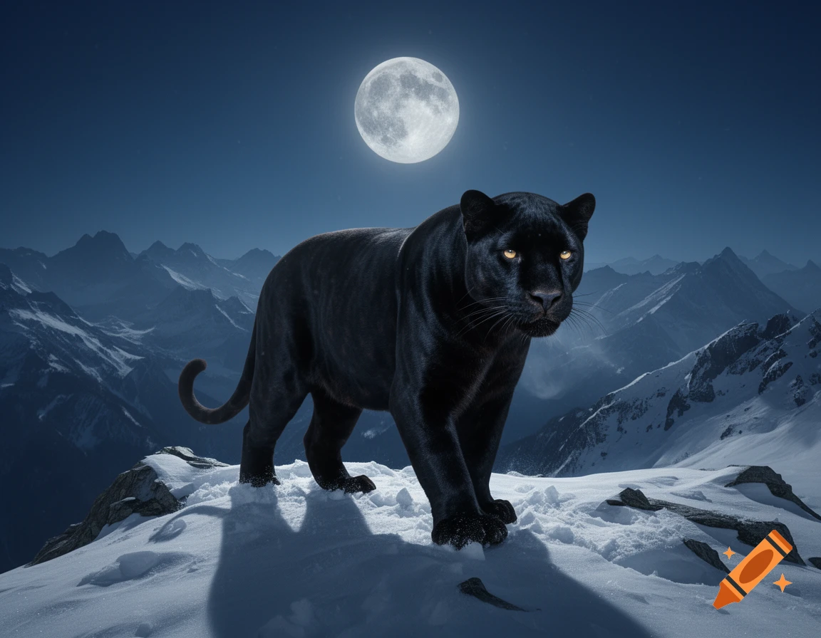 Photorealistic black panther standing on a snowy mountain peak under a large full moon at night.