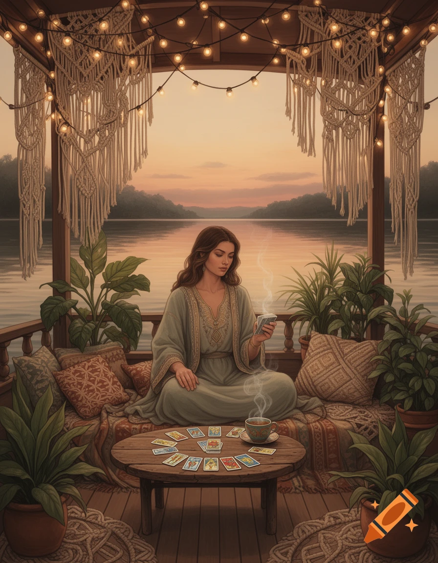 Boho-style illustration of a woman reading tarot cards on a houseboat deck at sunset, surrounded by plants and string lights.