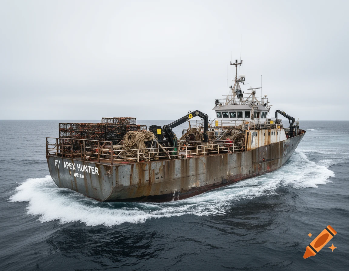 Photorealistic image of a rusty crab fishing boat named F/V Apex Hunter navigating the ocean.
