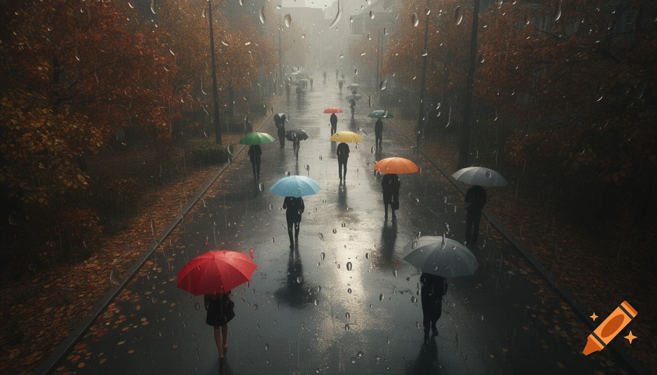 Cinematic overhead shot of people walking with colorful umbrellas on a rainy autumn street with water droplets on a glass pane.