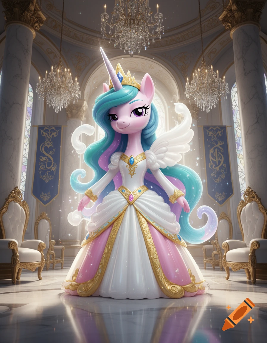 Princess Celestia from My Little Pony depicted as an inflated balloon character wearing a princess dress in a grand palace interior.