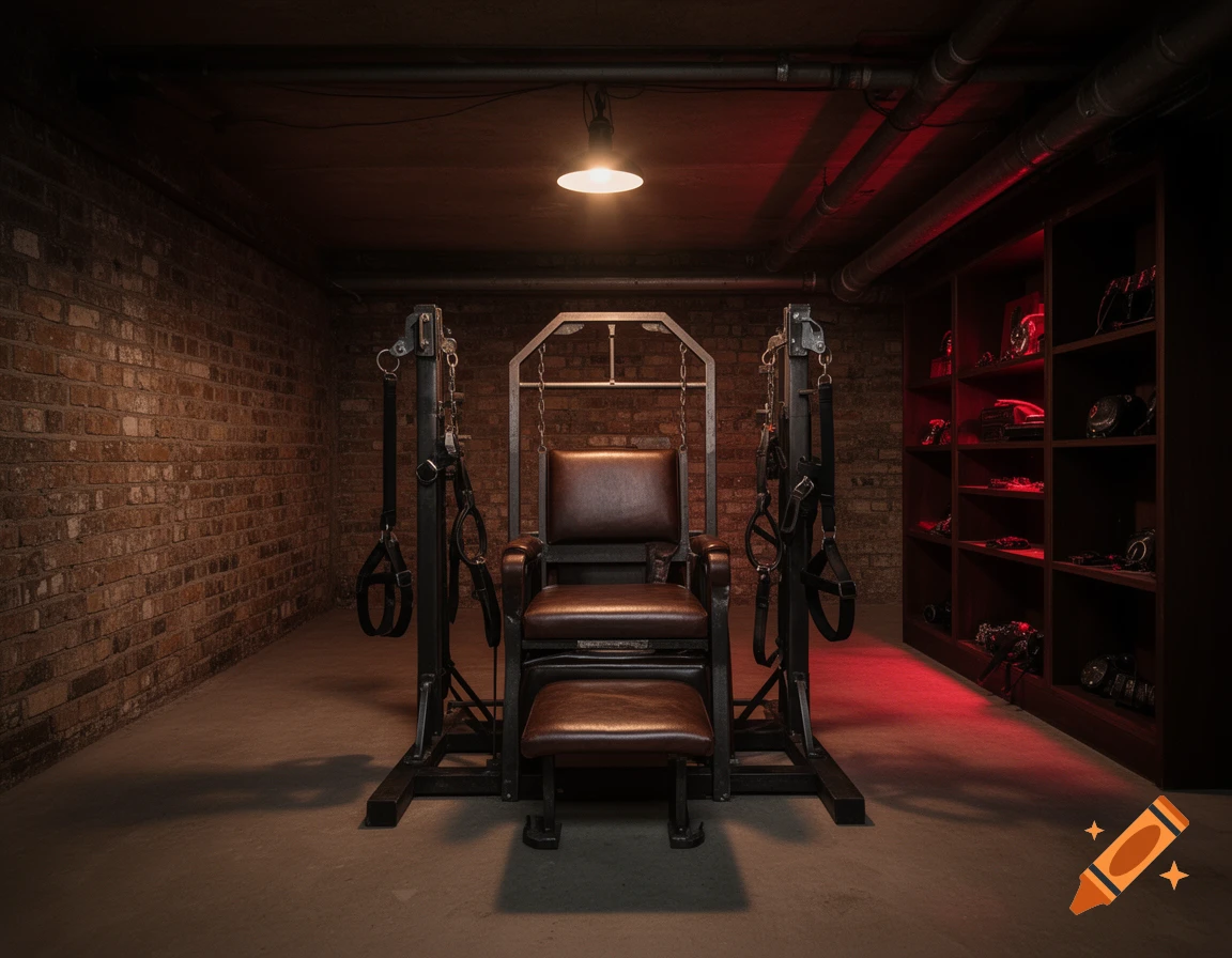 Photorealistic image of a BDSM restraint chair in a dimly lit basement with brick walls and shelving.