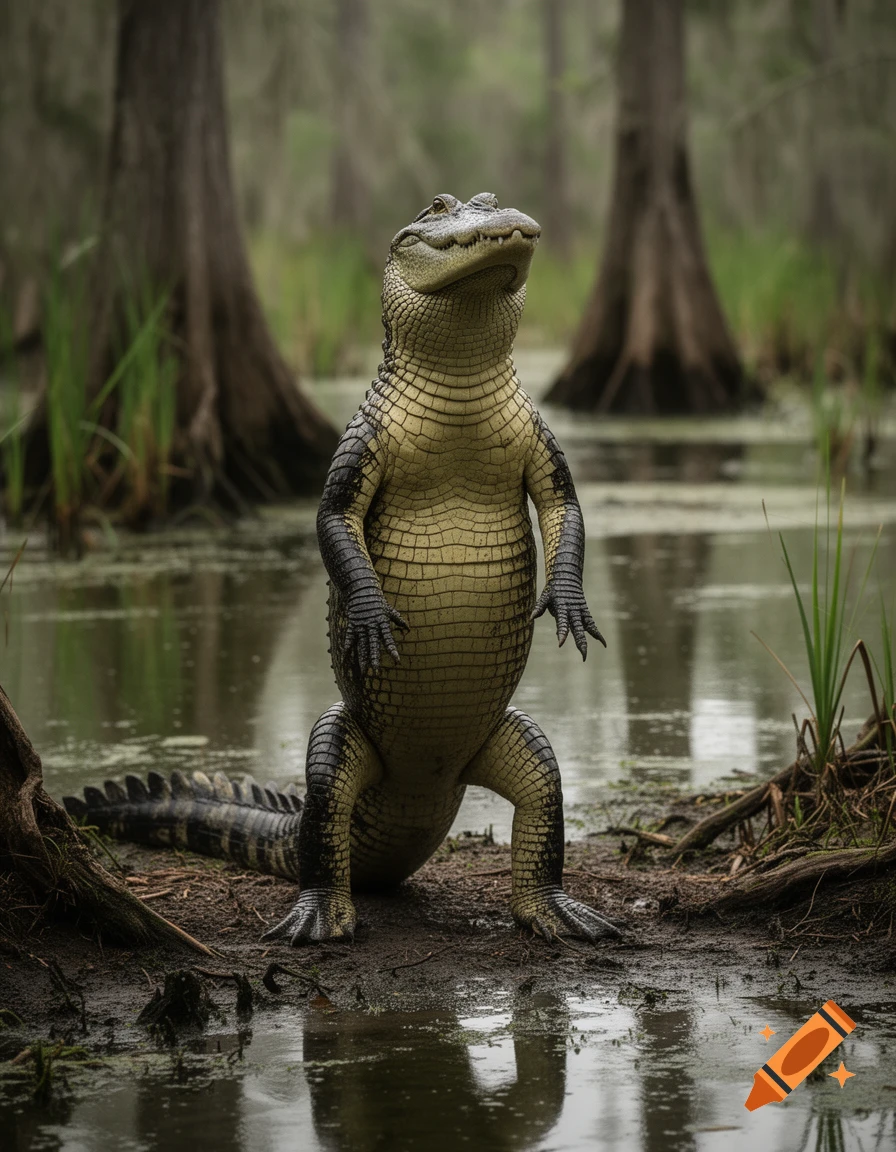 Photorealistic alligator standing on its hind legs in a swamp.
