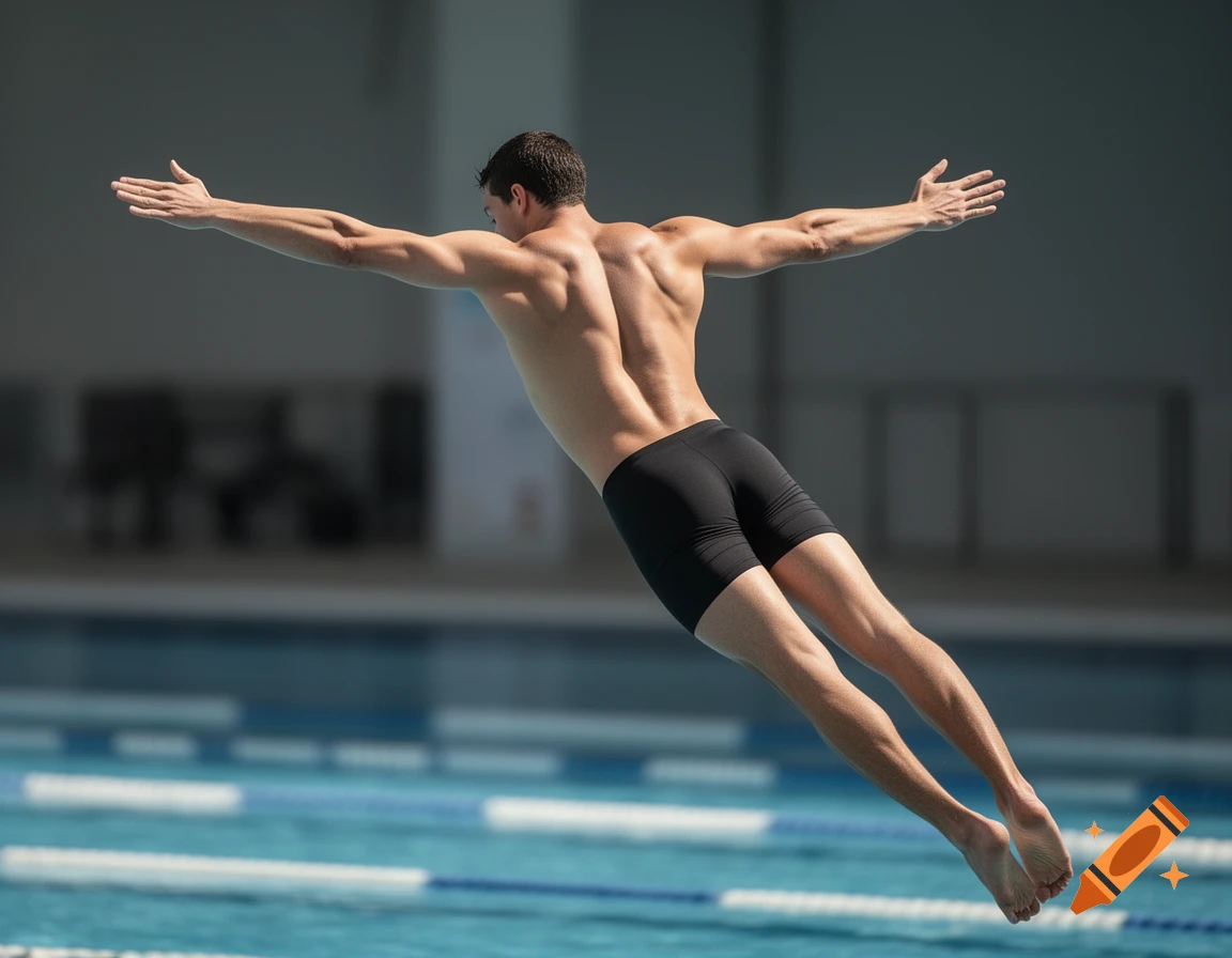 Photorealistic image of a muscular man diving into a swimming pool with arms outstretched.