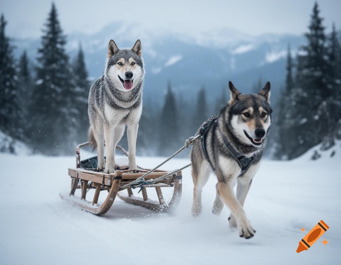 Photorealistic image of a happy husky standing on a wooden sled being pulled by another husky through a snowy mountain landscape.