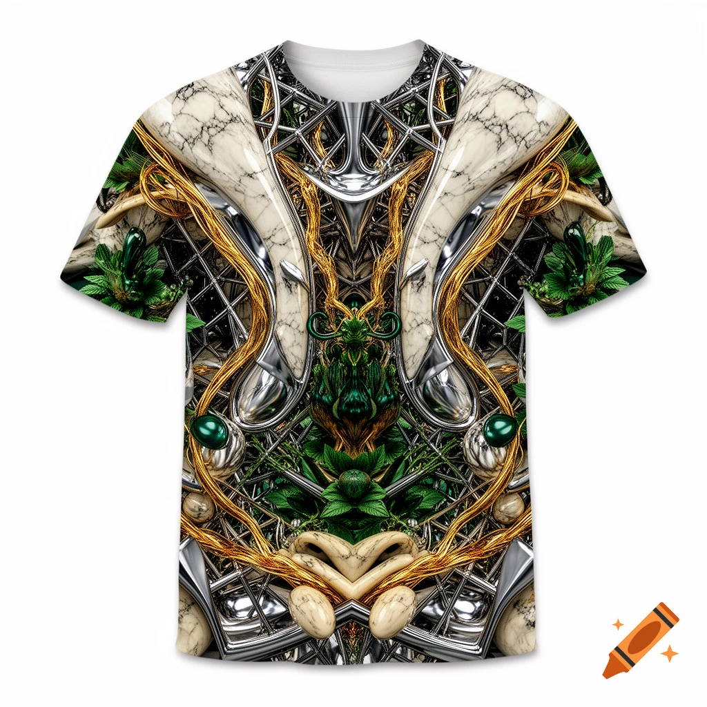 A t-shirt with a complex 3D graphic pattern featuring chrome, marble, gold filaments, and green floral elements.