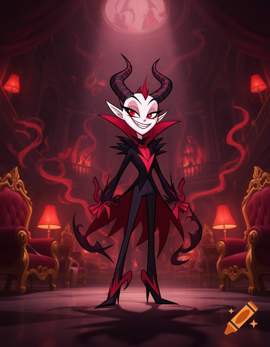 A full-body digital illustration of a Hazbin Hotel original demon character with red and black horns, sharp smile, and formal suit in a grand red room.