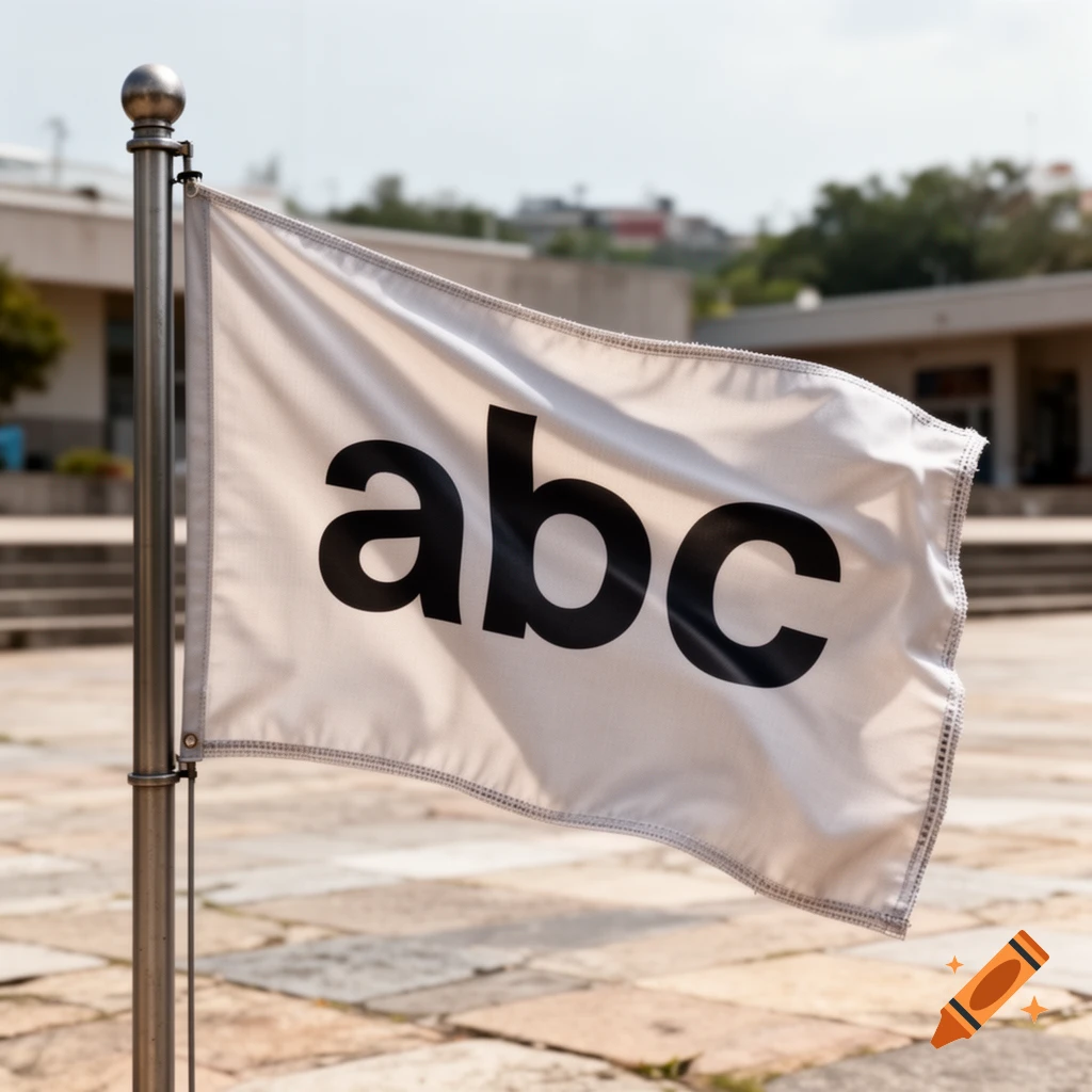 A white flag with the letters 'abc' in black, mounted on a pole outdoors against a blurred architectural background.