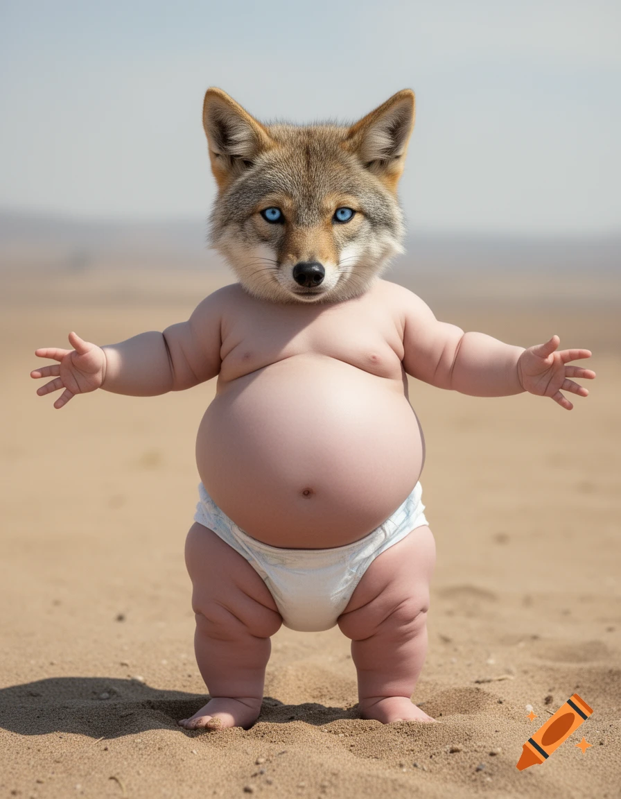 Photorealistic image of a baby with the head of a coyote and blue eyes, standing on sand in a diaper with arms outstretched.