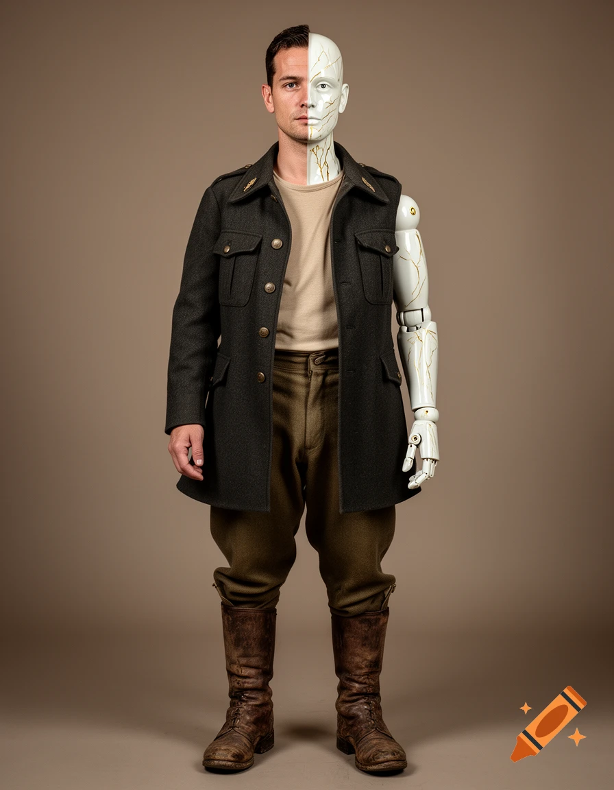 Photorealistic full-length portrait of a man in a military coat, with the right side of his face and body made of white porcelain and gold.