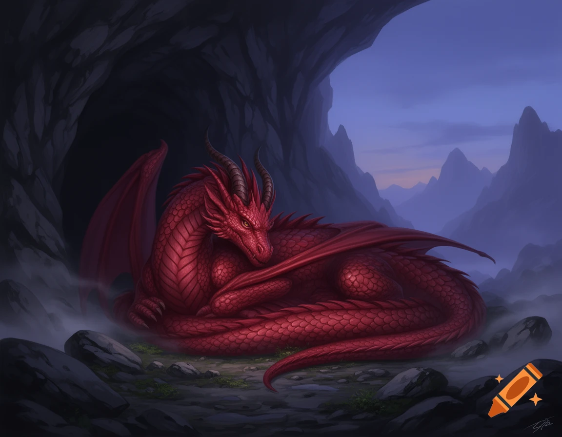 Digital painting of a majestic red dragon resting peacefully at the entrance of a dark mountain cave at twilight.