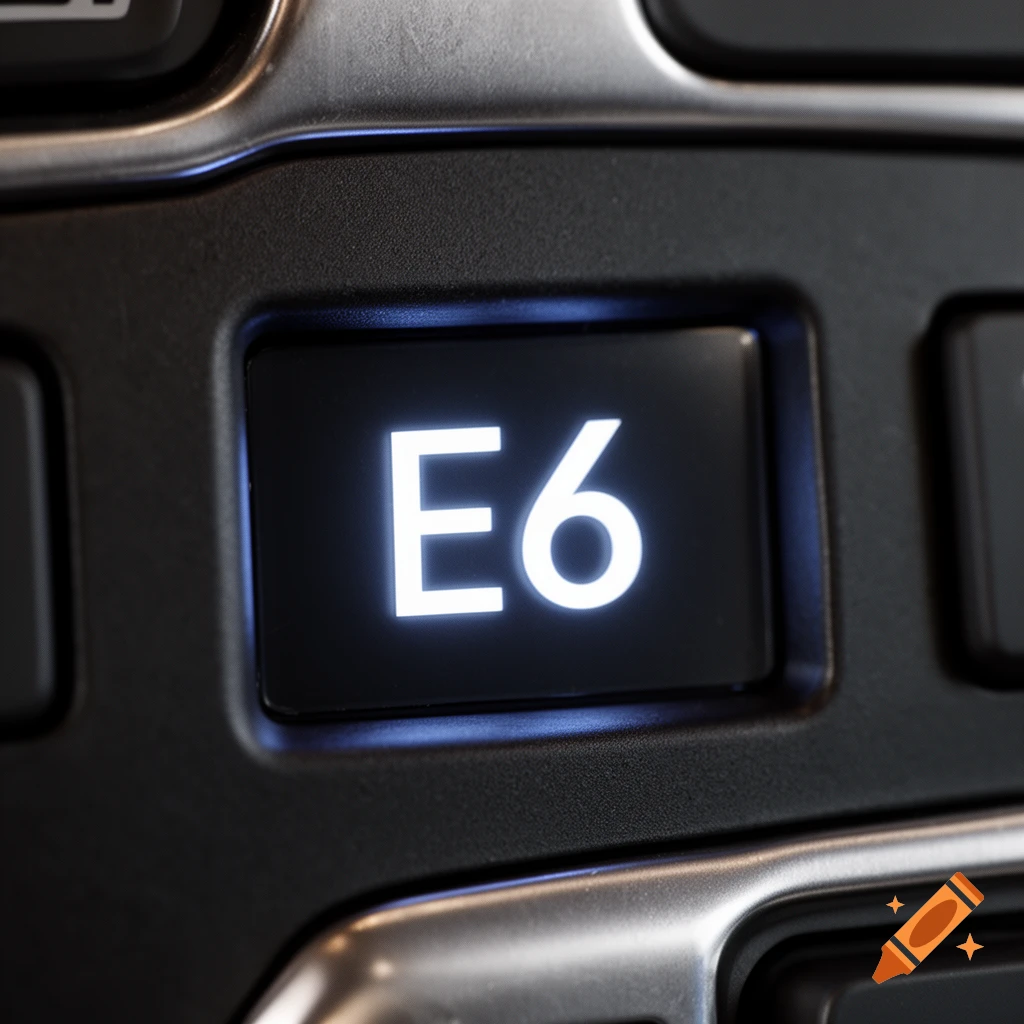 Close-up of a glowing backlit key displaying the letters E6 on a dark keyboard.