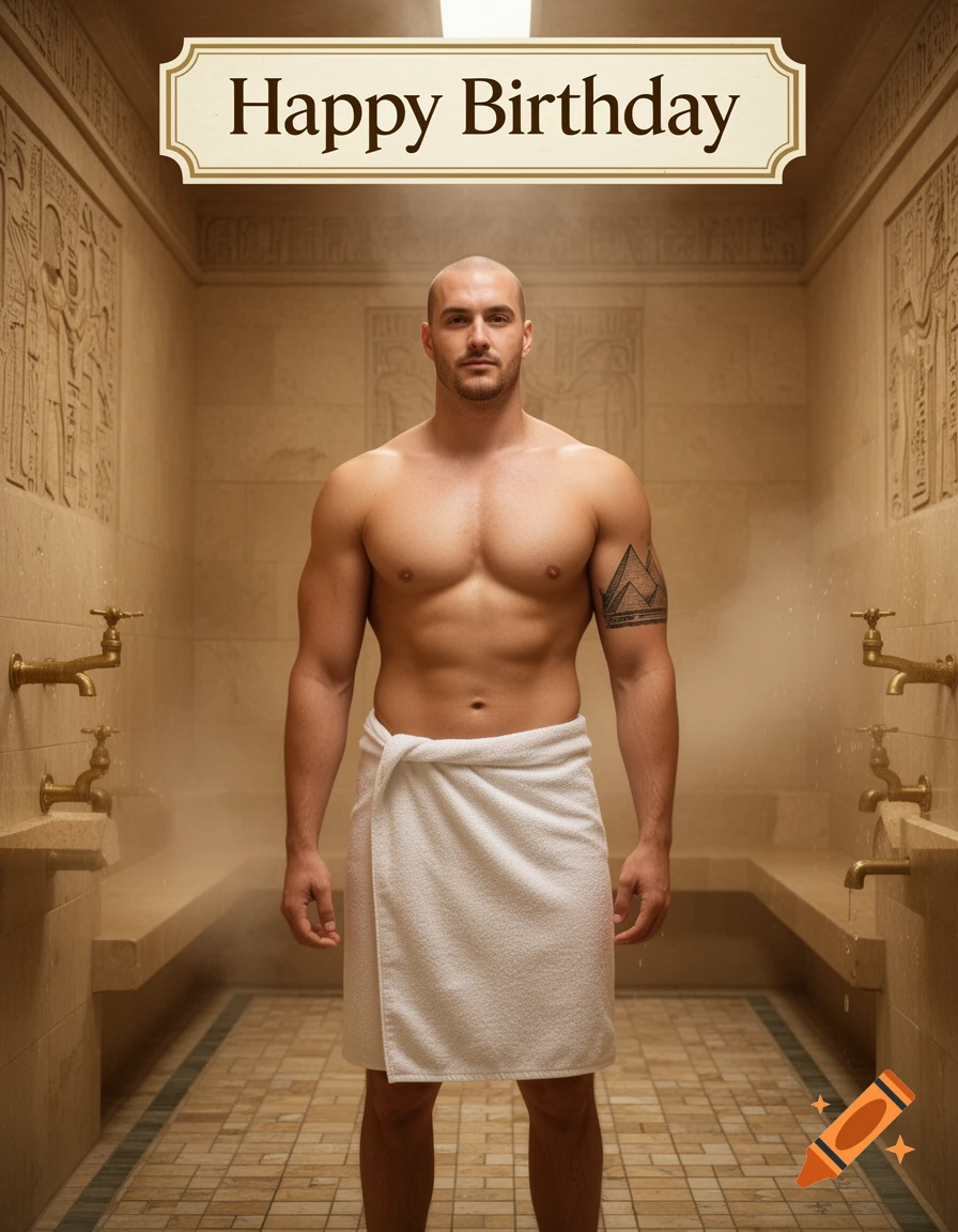 Photorealistic portrait of a bald, muscular man in a towel inside an Egyptian-style hamam with a 'Happy Birthday' sign above.