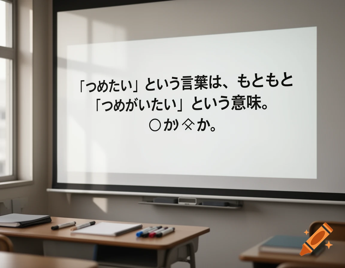 A classroom whiteboard displaying a Japanese quiz question, with student desks and markers in the foreground.