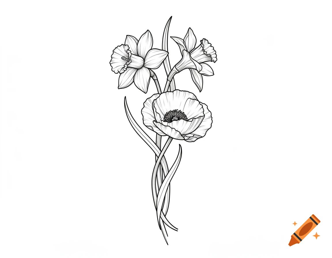 Black and white fine line tattoo design featuring daffodils and a poppy flower intertwined.