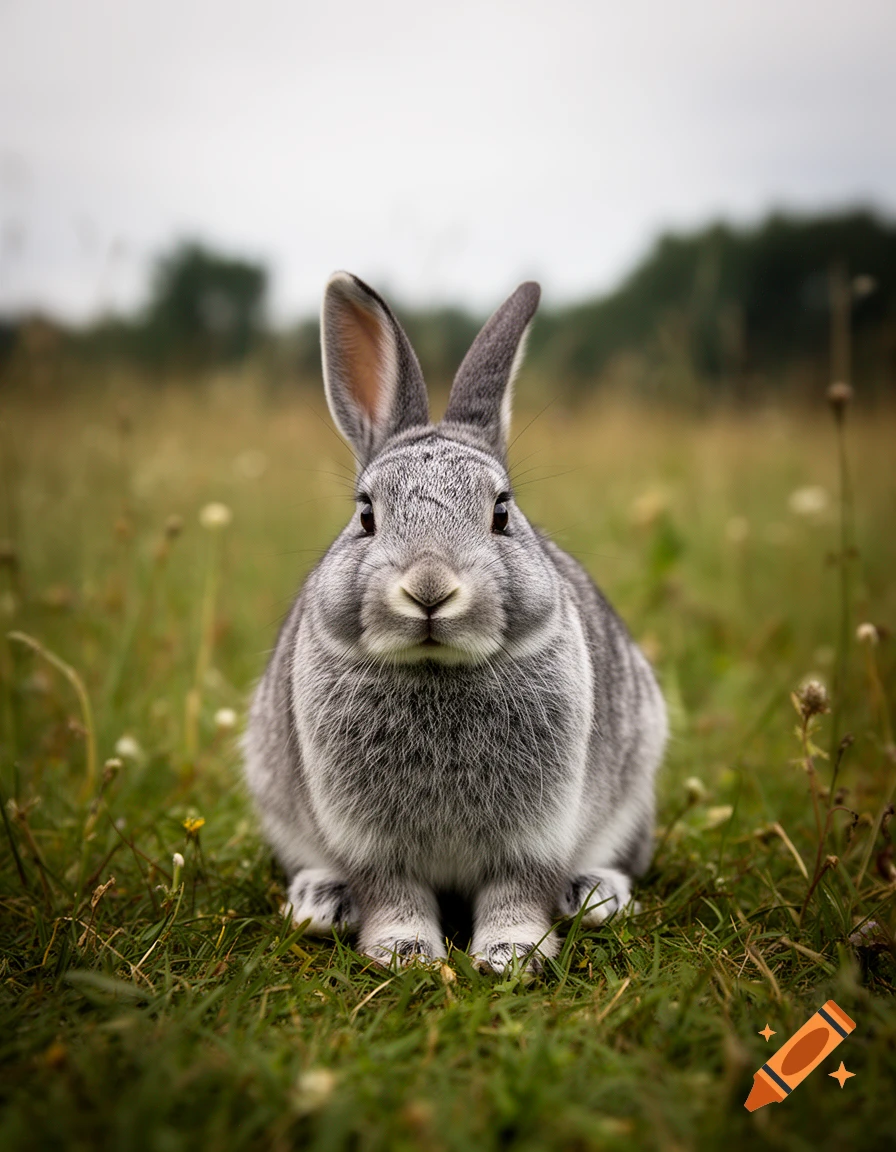 Close-up photorealistic shot of a gray rabbit sitting in a grassy field.