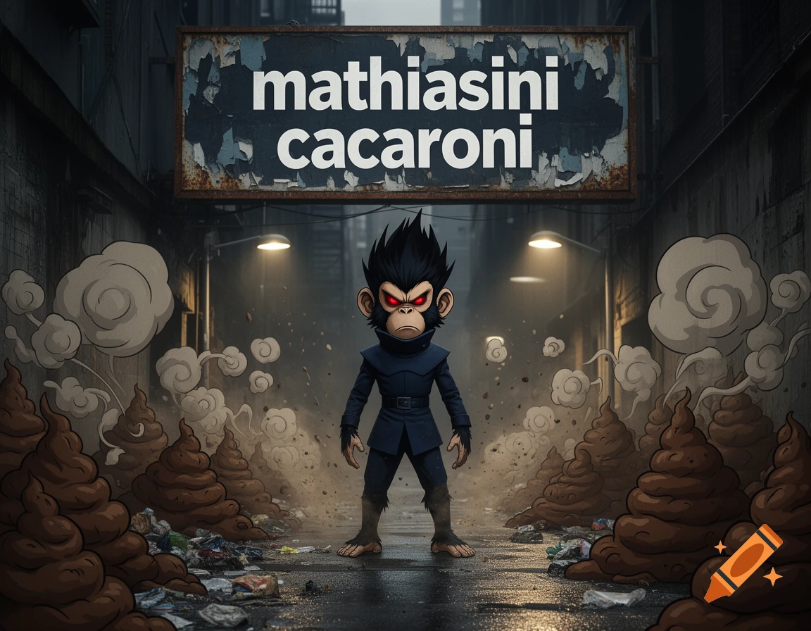 A dark-styled cartoon monkey standing in a narrow alleyway surrounded by piles of poop and smoke clouds, with a sign reading 'mathiasini cacaroni' above.