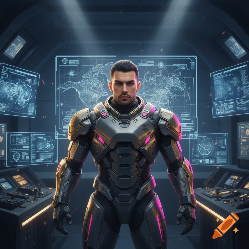 3D render of a military commander in futuristic tactical armor inside a command bunker with holographic maps.