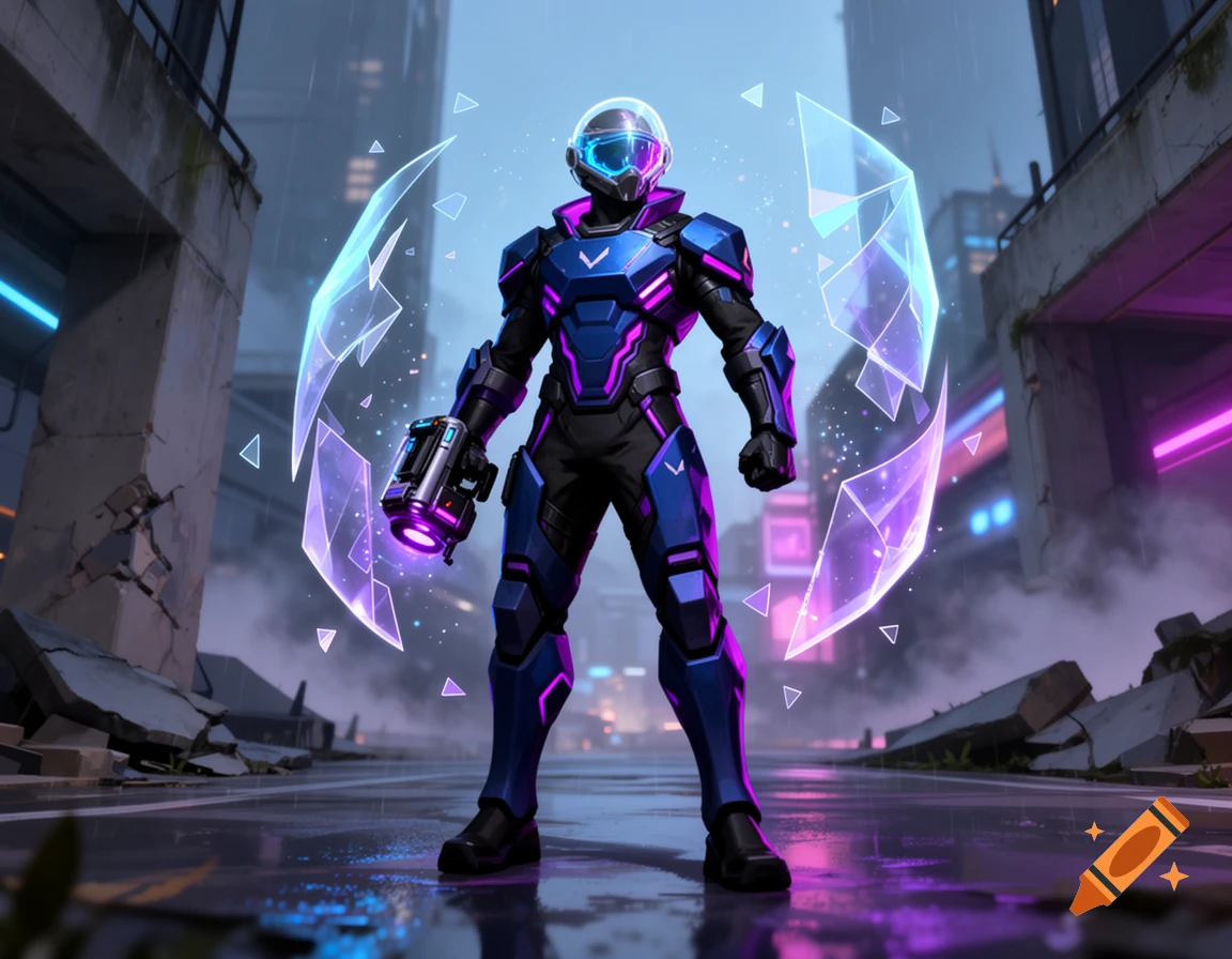A futuristic sci-fi soldier in blue and purple armor holding an energy weapon in a rainy, neon-lit city street.