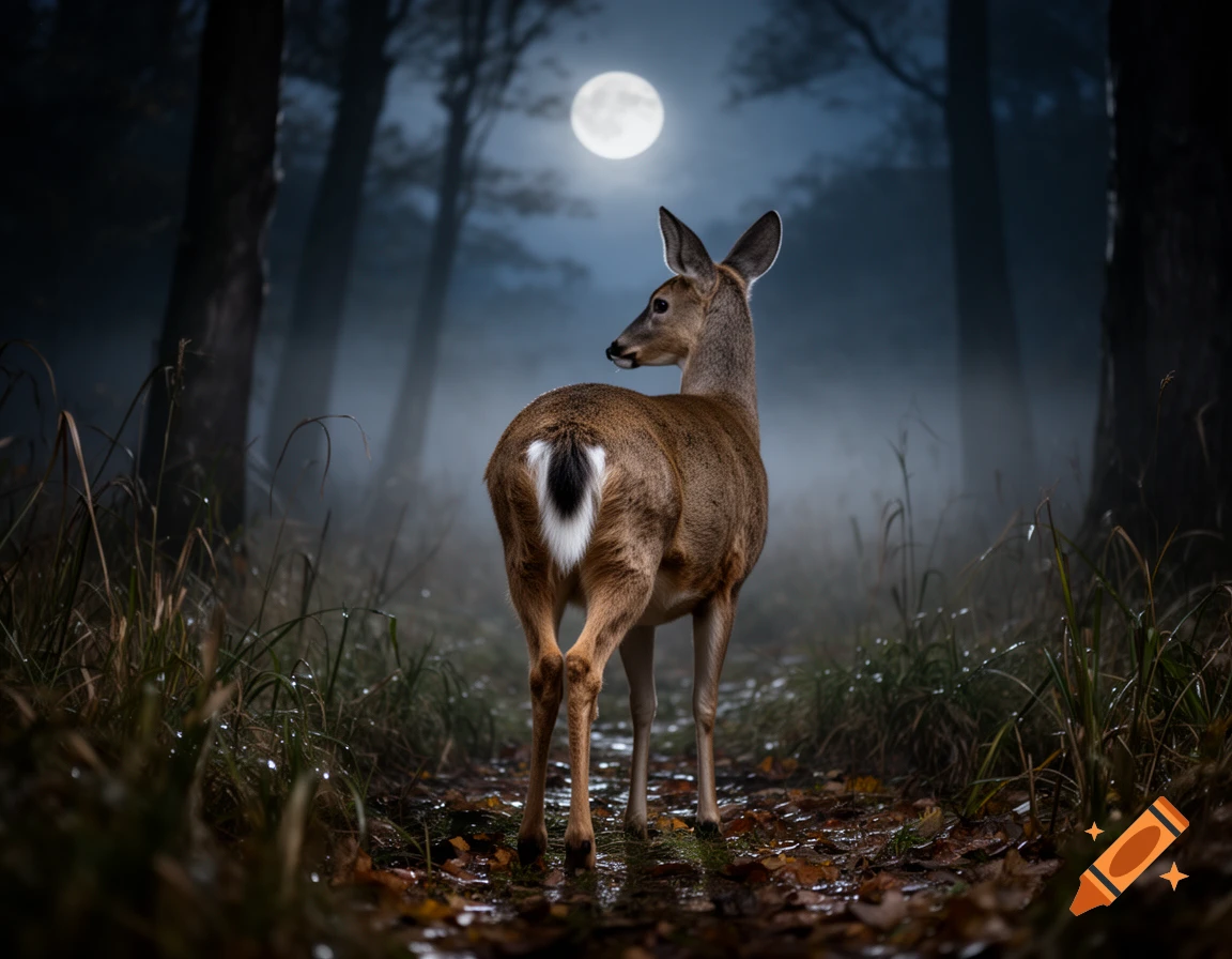 Photorealistic image of a deer standing in a misty forest at night under a full moon, viewed from behind.