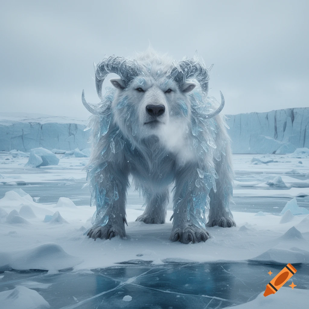 Photorealistic image of a large white ice beast with ram horns and glowing blue crystals on its body, standing in a snowy arctic landscape.