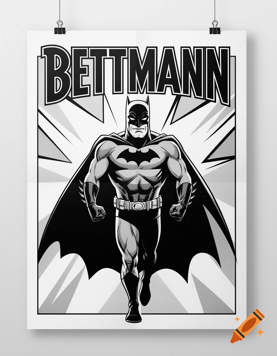 Black and white comic poster of Batman walking forward with the header Bettmann.