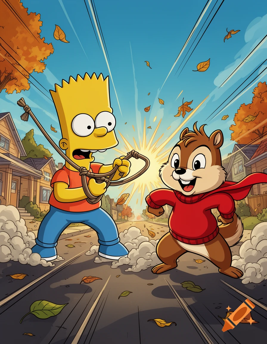 Cartoon illustration of Bart Simpson holding a slingshot facing off against Alvin the Chipmunk wearing a red sweater on a suburban street.