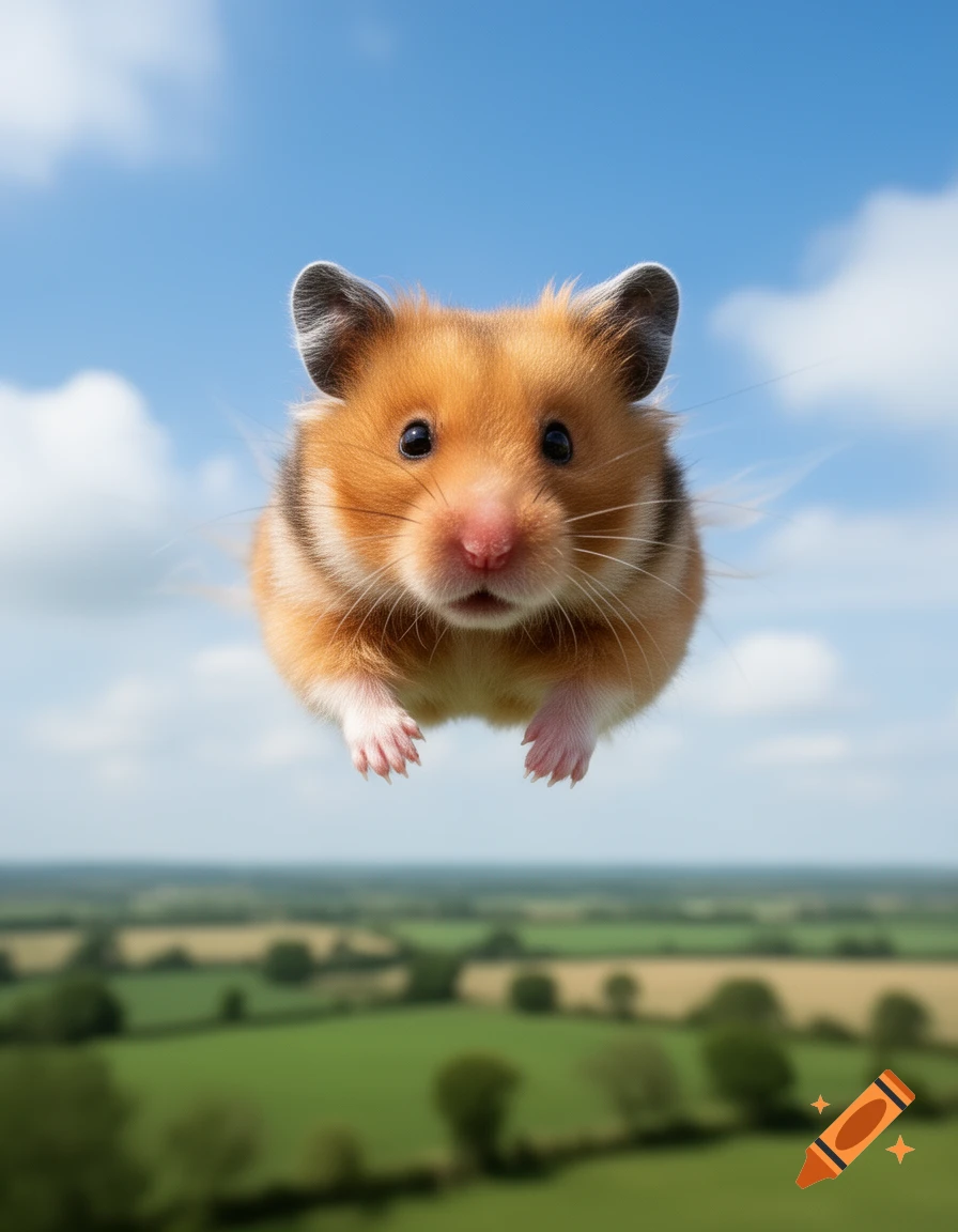 Photorealistic image of a cute hamster floating in the air against a blue sky with clouds and a green landscape background.